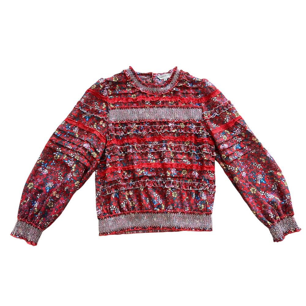 Anthropologie Wyatt Smocked Women's Blouse Top Red Lace Floral Small Cropped